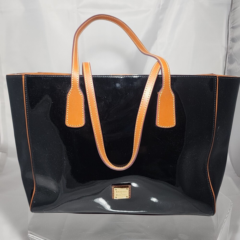 Dooney & Bourke Black Patent Leather/Tan Luggage Wren Tote/Shopper Shoulder Bag